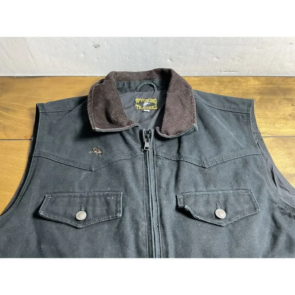 Wyoming Traders Western Black Vest Conceal Carry Full Zip Large Corduroy Collar